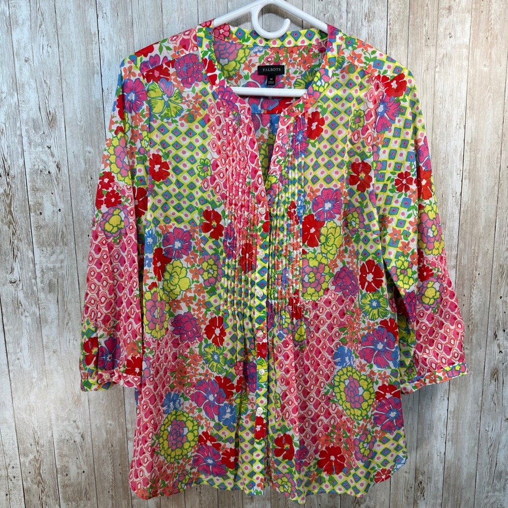Talbots Womens Floral V Neck Button Front 3/4 Sleeve Top‎ Tropical Summer sz M